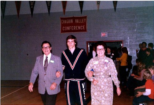 A teenage Marshall Stuart with his parents at Parents' Night, West Geauga High School, Ohio, 1976