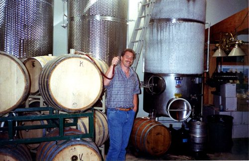 Marshall Stuart tasting Zinfandel straight from the barrel at Keyways Winery, 1991
