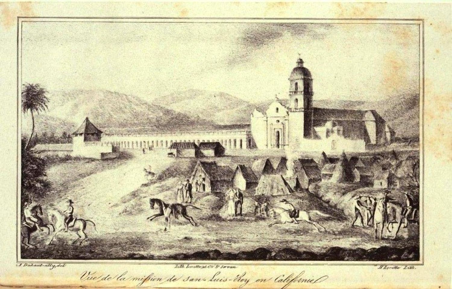 Historic lithograph of Mission San Luis Rey de Francia, California