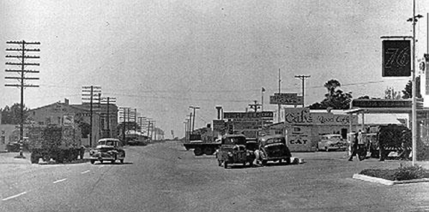 Temecula, California street scene with vehicles, 1940
